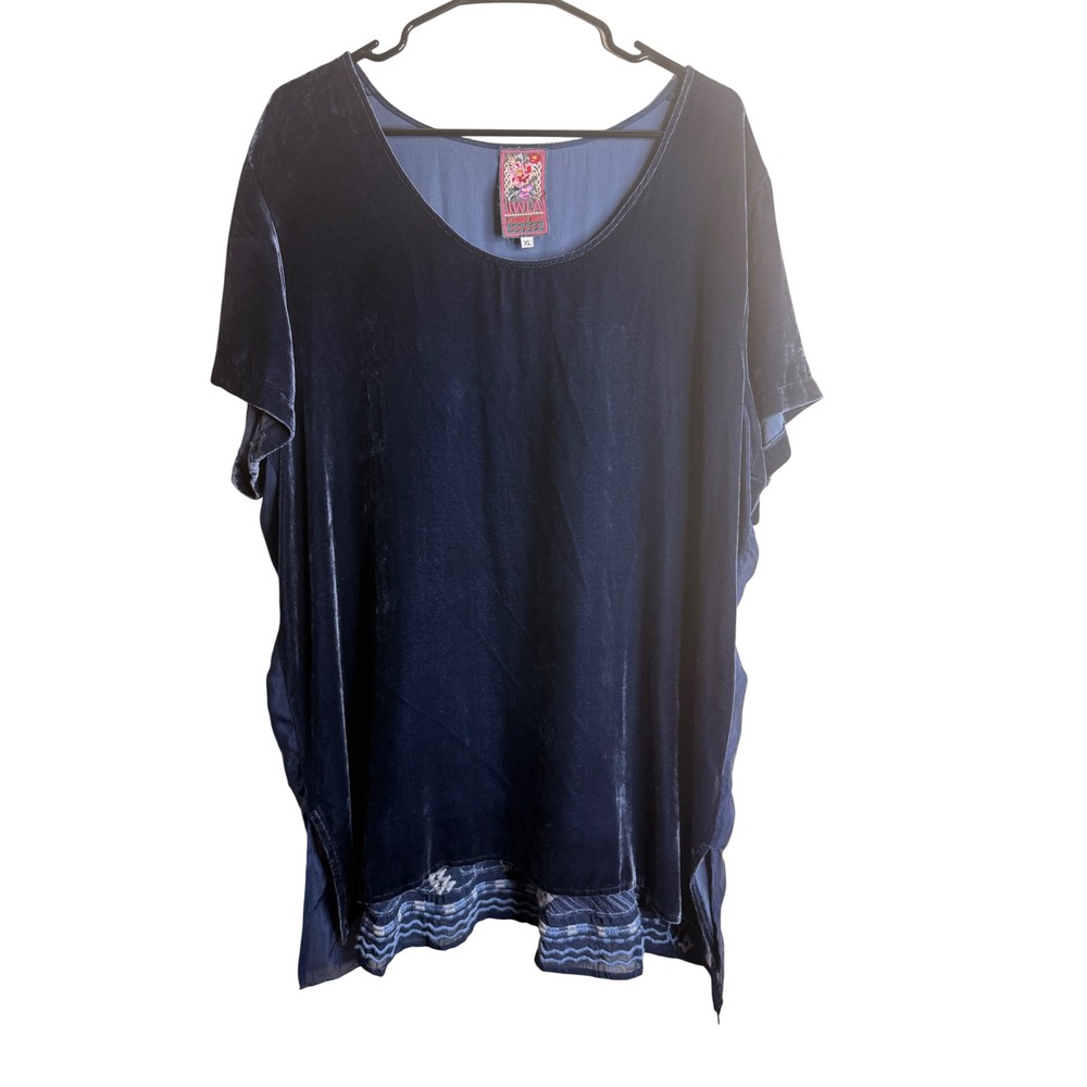 JWLA Johnny Was Velvet Embroidered Tunic Top Navy Blue Boho Plus Size XL